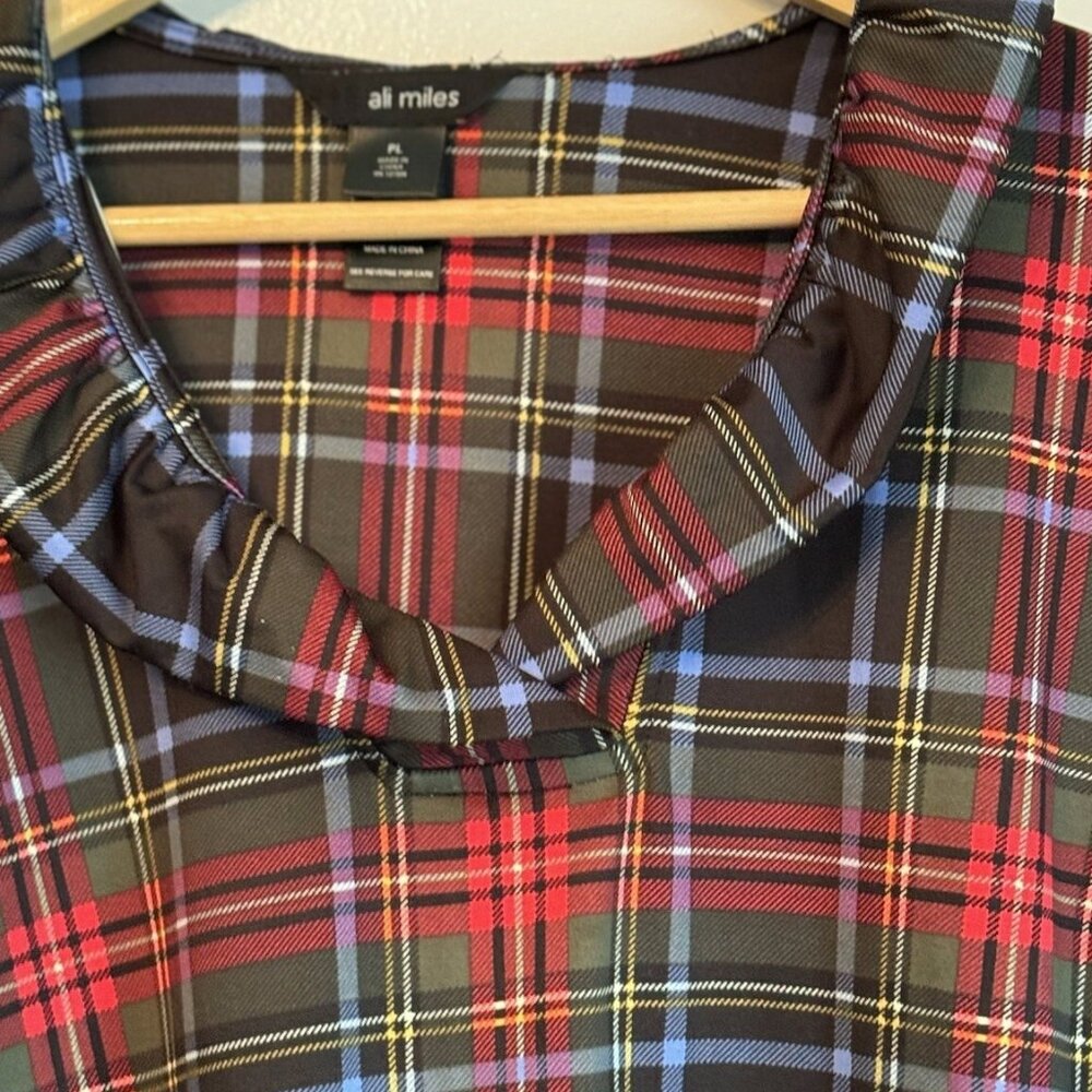 Ali Miles Red Plaid Cowl Neck 3/4 Sleeve Top Womens Large Petite Cottagecore - Picture 4 of 9